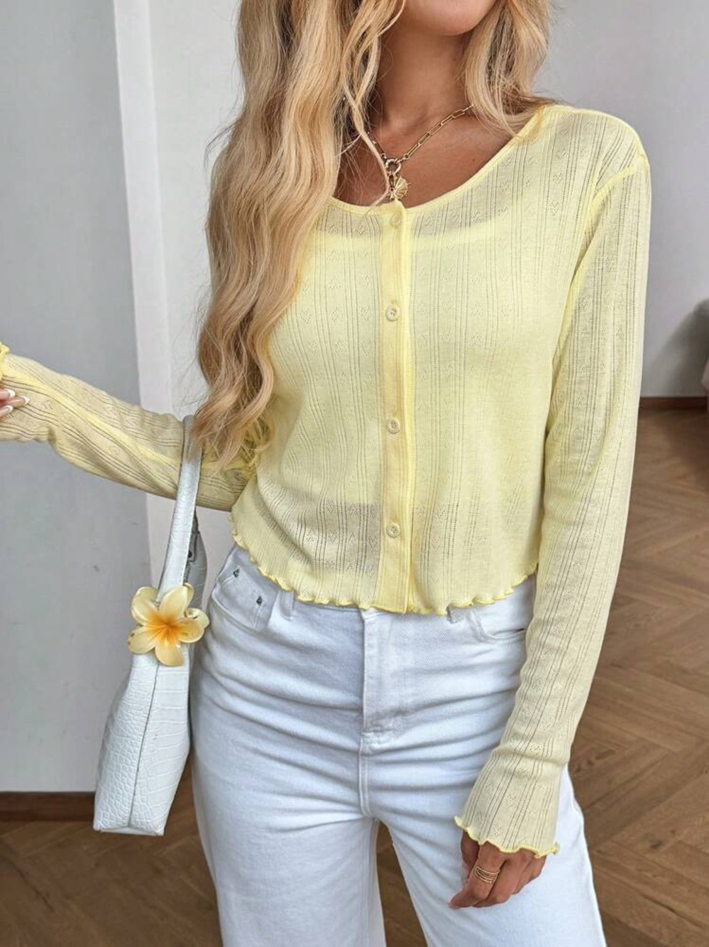 We The Free Pale Yellow Ribbed Button-Front Crop Cardigan